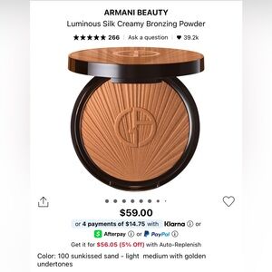 Armani Beauty Luminous Silk Creamy Bronzing Powder Shade 100 Sunkissed Sand